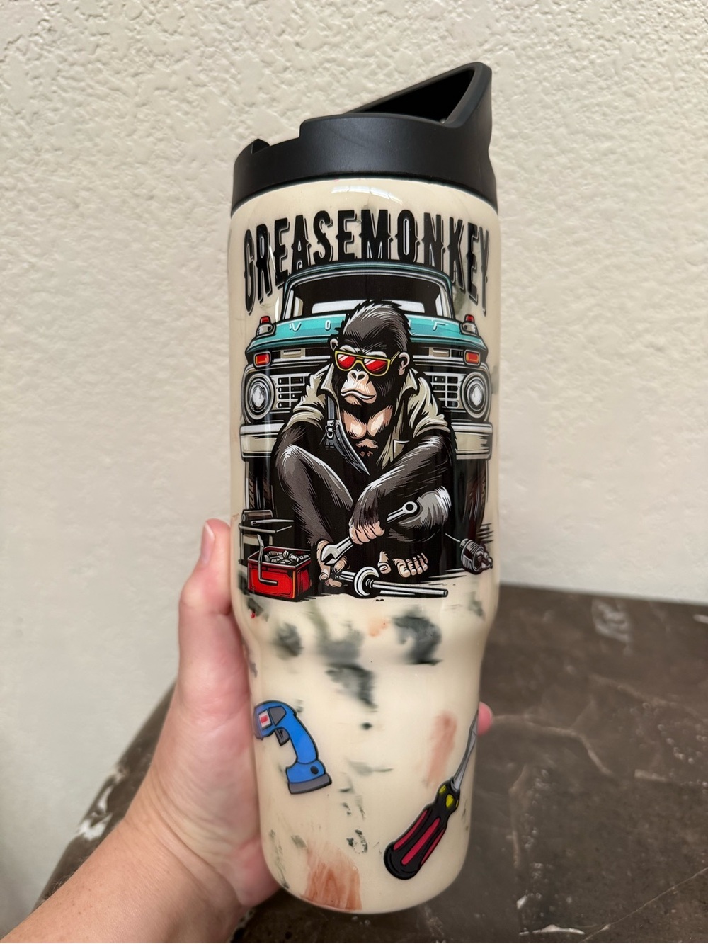 Grease Monkey Mechanic Tumbler Cup 30oz Clip Mate Flip Top Hydro Bottle Handmade